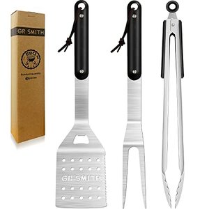 3-Piece BBQ Accessories, Stainless Steel Kitchen Set With Spatula, Tongs, and Fork