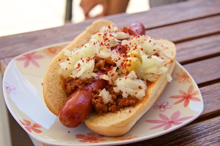 BBQ Recipe - Chili Barbecue Hot Dog with Onions and Mustard