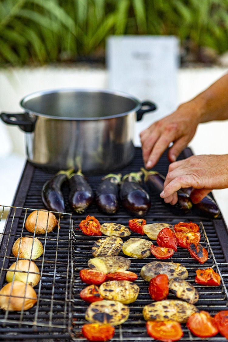 Grilled Eggplant, Peppers, Tomatoes, Onions, and Potatoes - BBQ Recipe