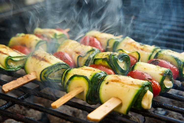 Skewered Zucchini Wraps with Cheese and Cherry Tomatoes Cooked on the Grill - BBQ Recipe
